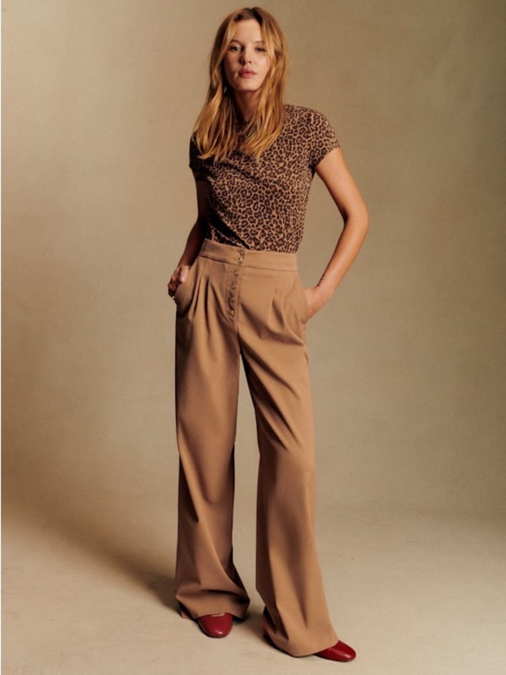 Sezane Cesar High-Waist Wide-Leg Women's Pants in Camel - 42 (10)
